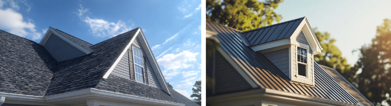 A side-by-side comparison image showing a house with grey asphalt shingles on the left and a house with a dark standing-seam metal roof on the right under clear blue skies.