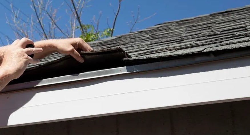 Contractor inspecting a black shingle for roof replacement