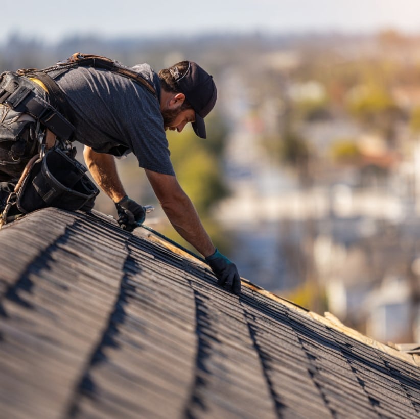 A roofer in a baseball cap and tool belt reaches down to inspect ridge cap shingles along the crest of a dark roof.