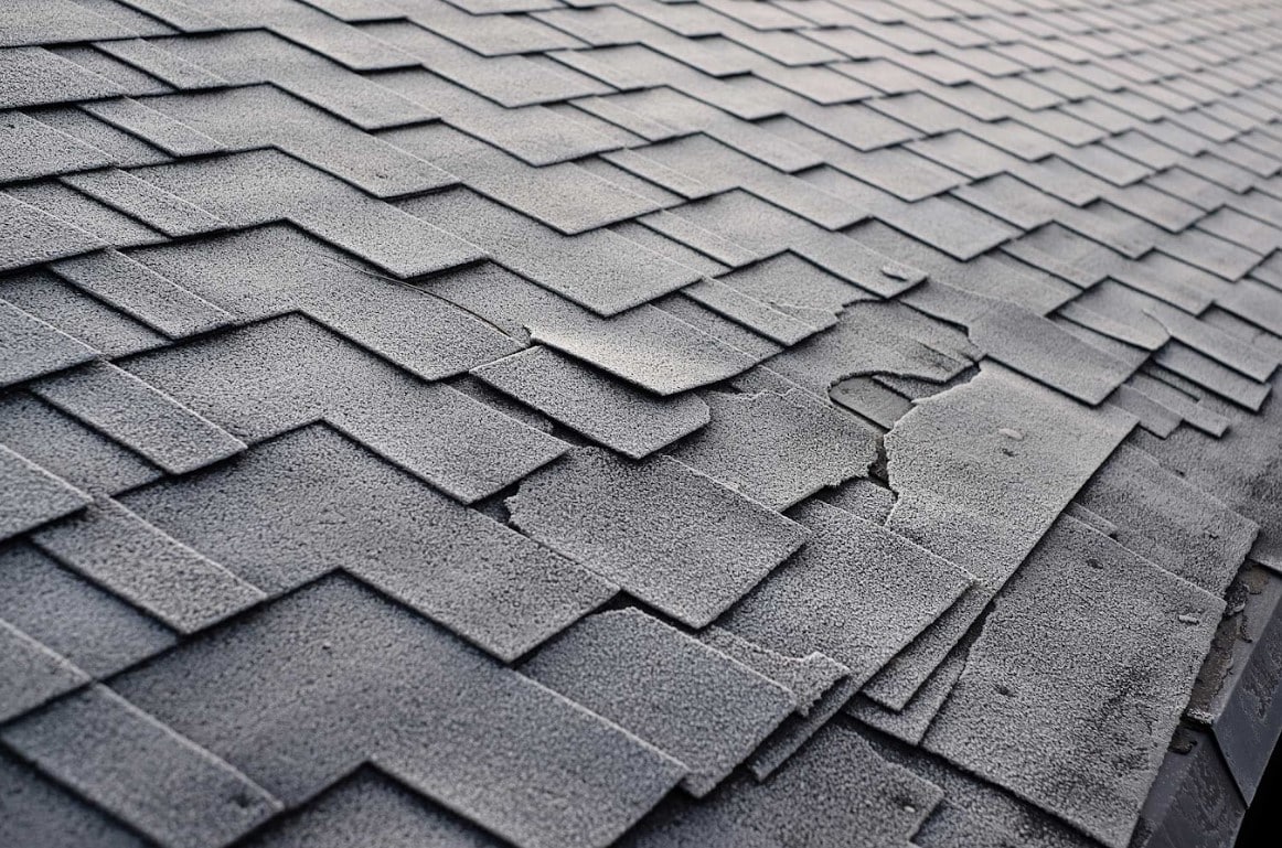 Residential roof with cracked and damaged asphalt shingles in need of repair.