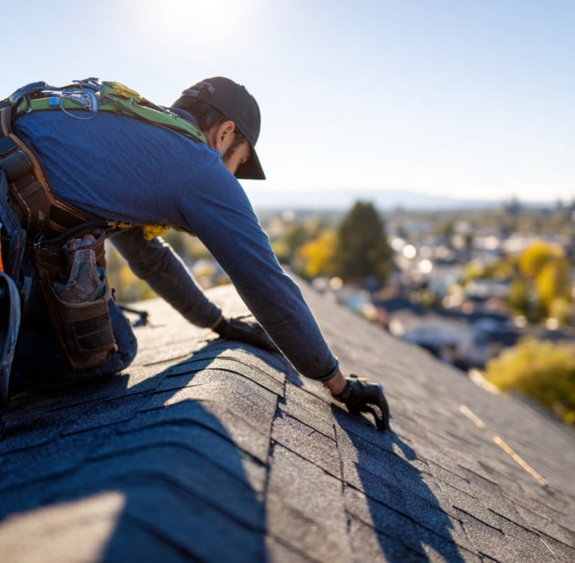 Roofer installing asphalt shingles on a residential roof while wearing a tool belt and safety equipment.