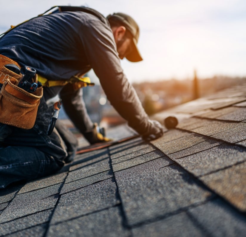 Roofer installing asphalt shingles on a residential roof while wearing a tool belt and safety equipment.