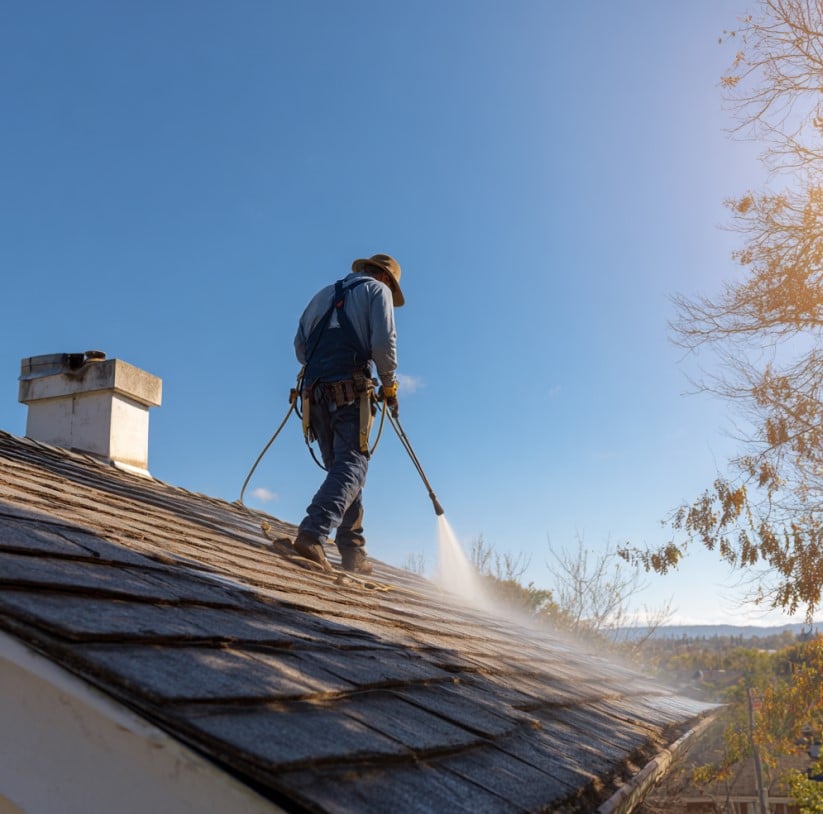 Roofer wearing a safety harness pressure washing a residential shingle roof under a clear blue sky.