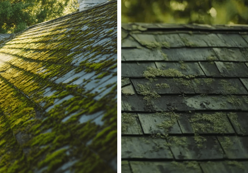 Two roofs side by side. Left picture a roof with a volume of moss, right picture a volume of molds.