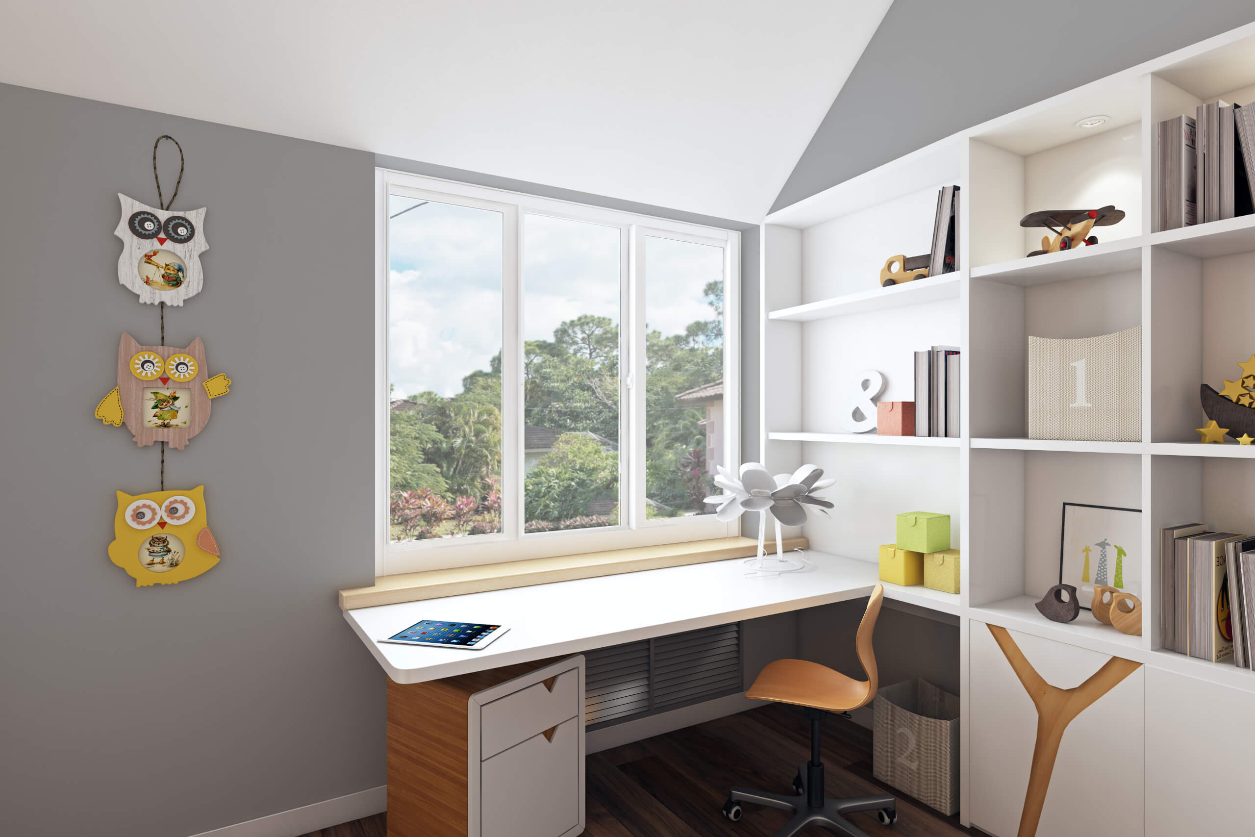 Energy-efficient windows bringing natural light into a modern home office