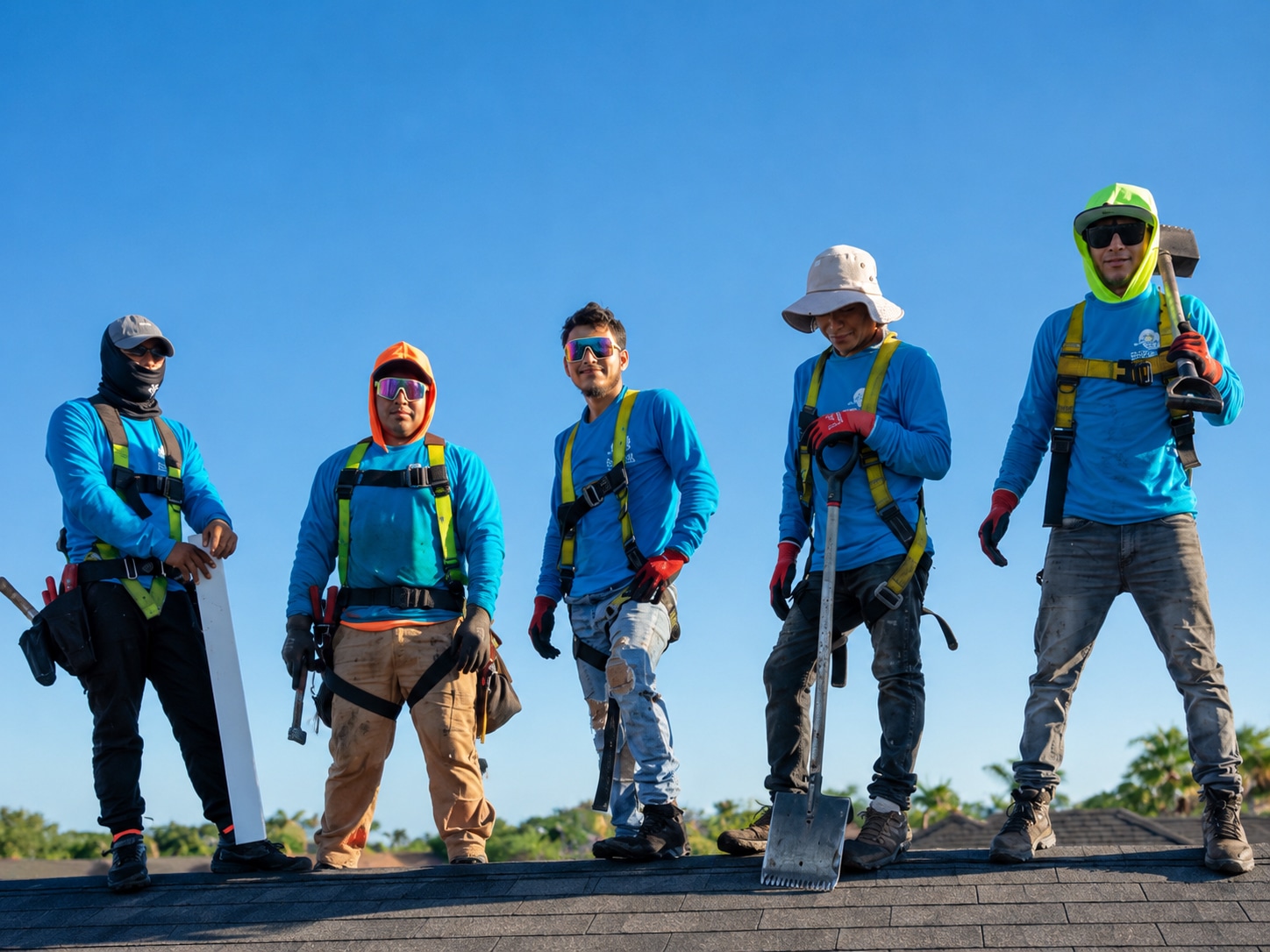 My Florida Roofing Contractor roofing crew in harnesses standing on top of a roof