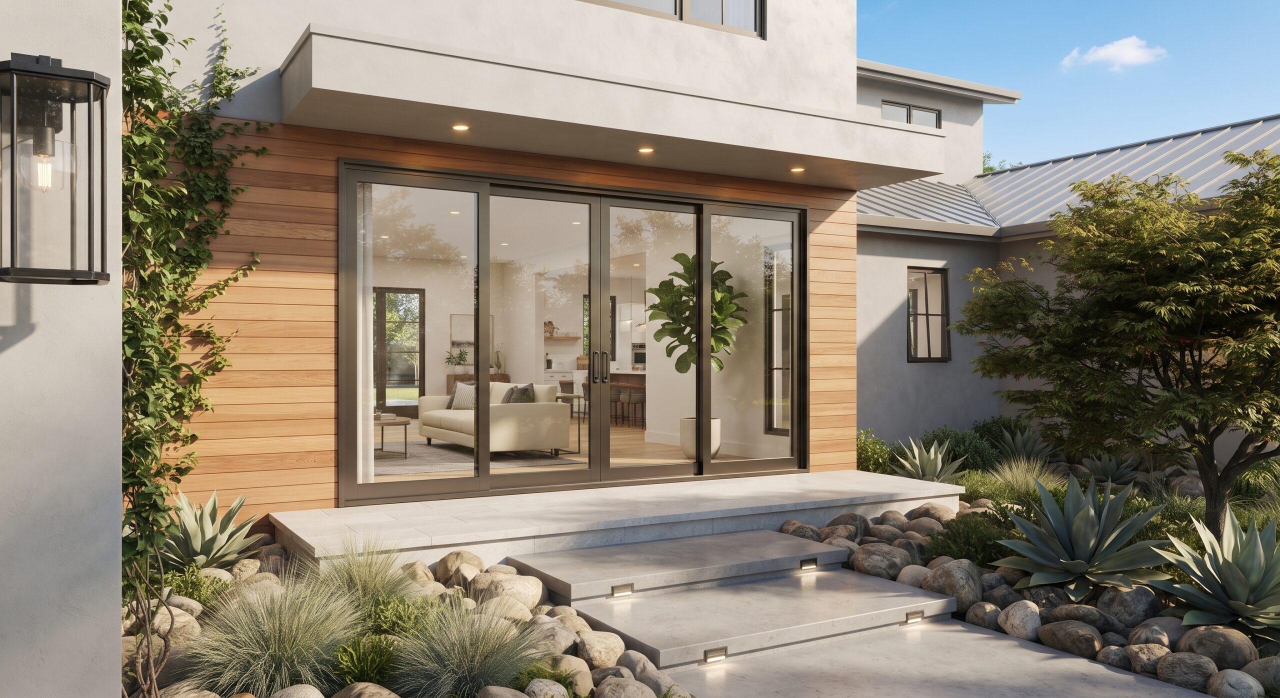 Sliding glass door replacement overlooking a landscaped backyard in Vero Beach, Florida