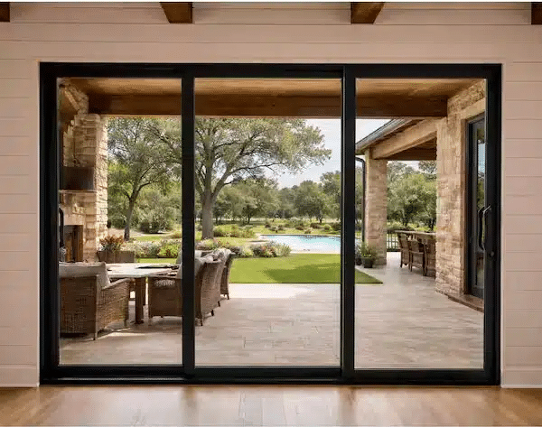 Black-framed impact sliding glass doors opening to a covered patio and backyard pool area