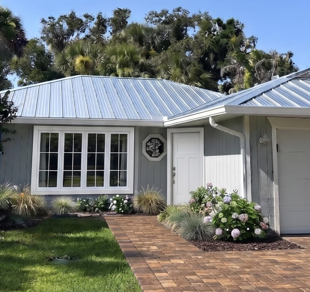 white entry door on a gray home with a new picture window in a white frame and metal roof on a vero beach home