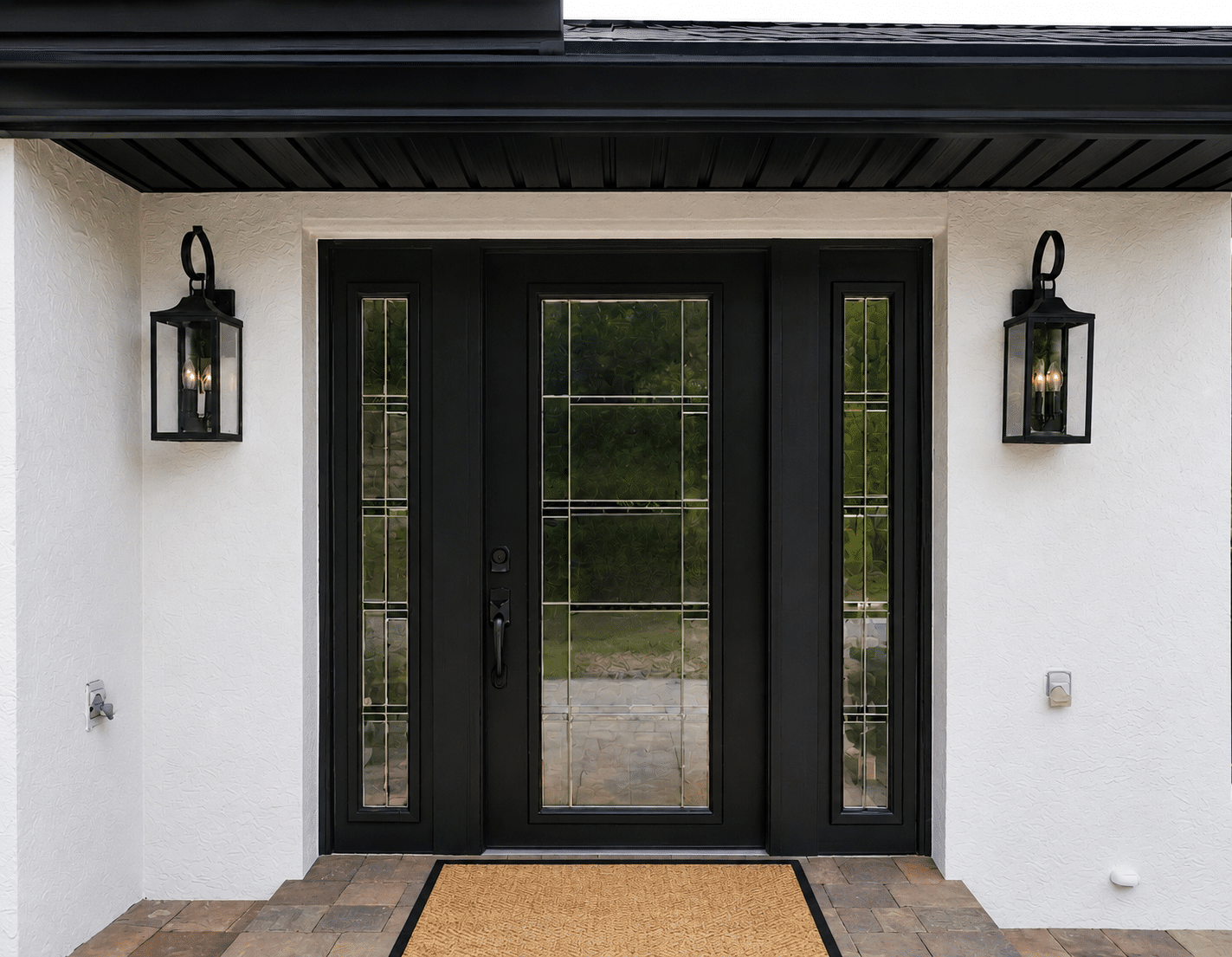 modern black front entry door with decorative glass sidelights instllaed on a white stucco florida home