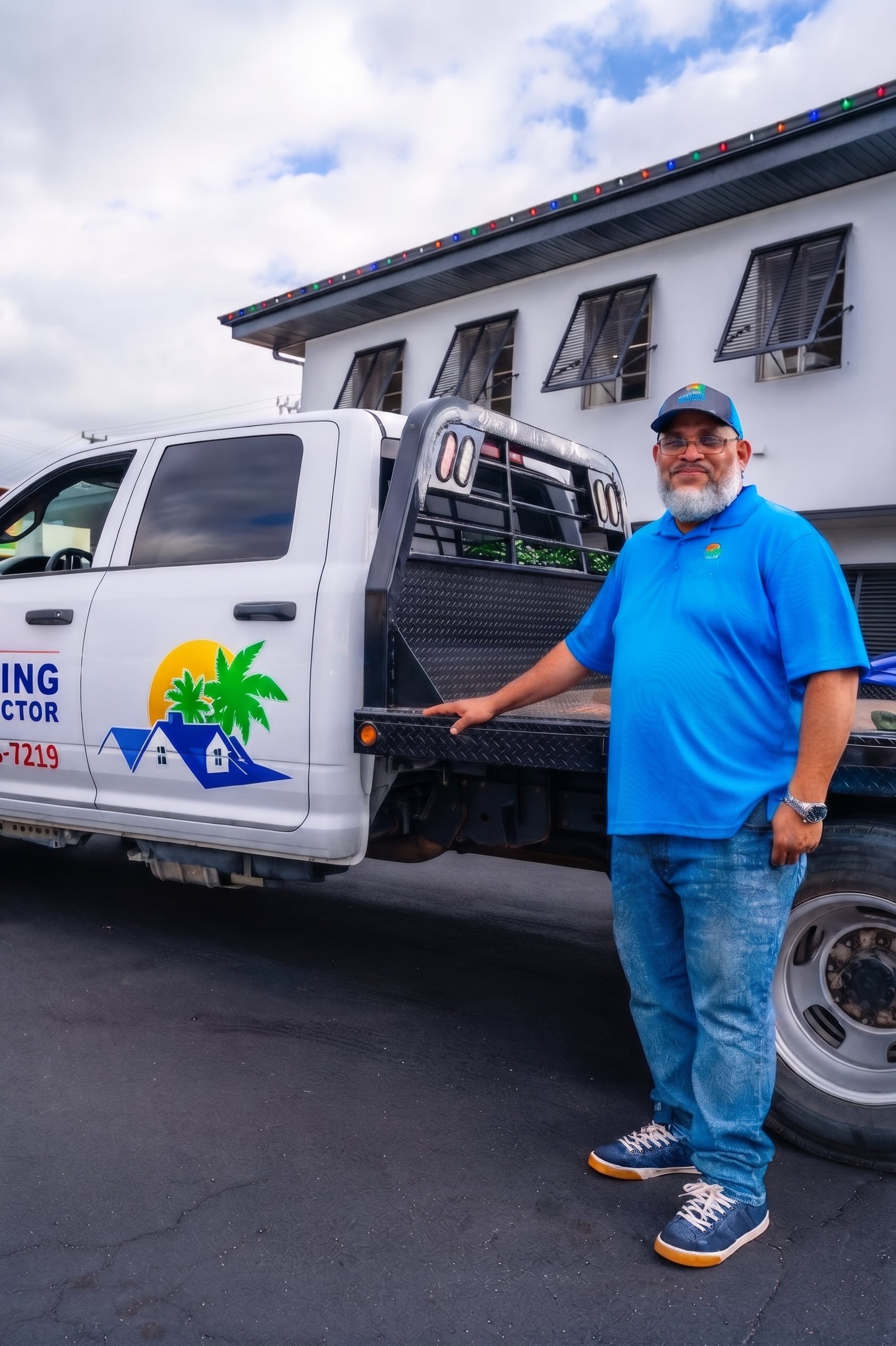 My Florida Roofing Contractor team member standing beside a branded service truck