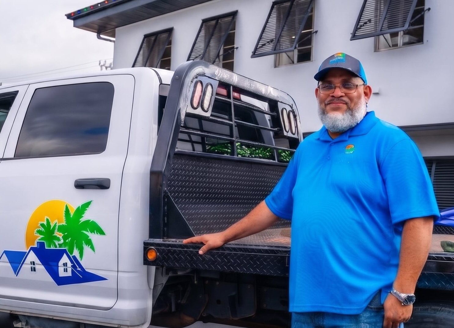 project manager with beard standing in front of a my florida roofing contractor truck wearing a hat, blue polo and jeans
