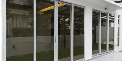 White-framed impact doors opening to an outdoor patio area