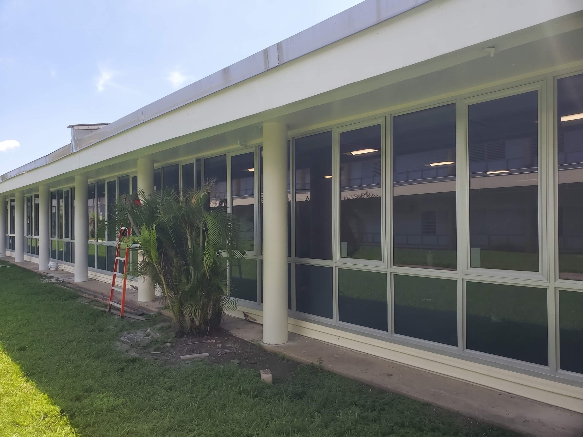 Energy-efficient impact windows installed along a commercial building exterior